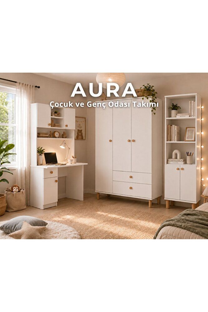 Aura Genç Odası - 3'lü Genç Odası Takımı - 3 Kapılı Dolap - Çalışma Masası - Kitaplık