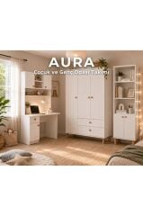 Aura Genç Odası - 3'lü Genç Odası Takımı - 3 Kapılı Dolap - Çalışma Masası - Kitaplık