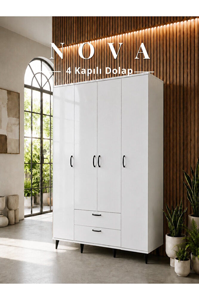 Nova 4 Kapılı 2 Çekmeceli Dolap, Gardrop Beyaz