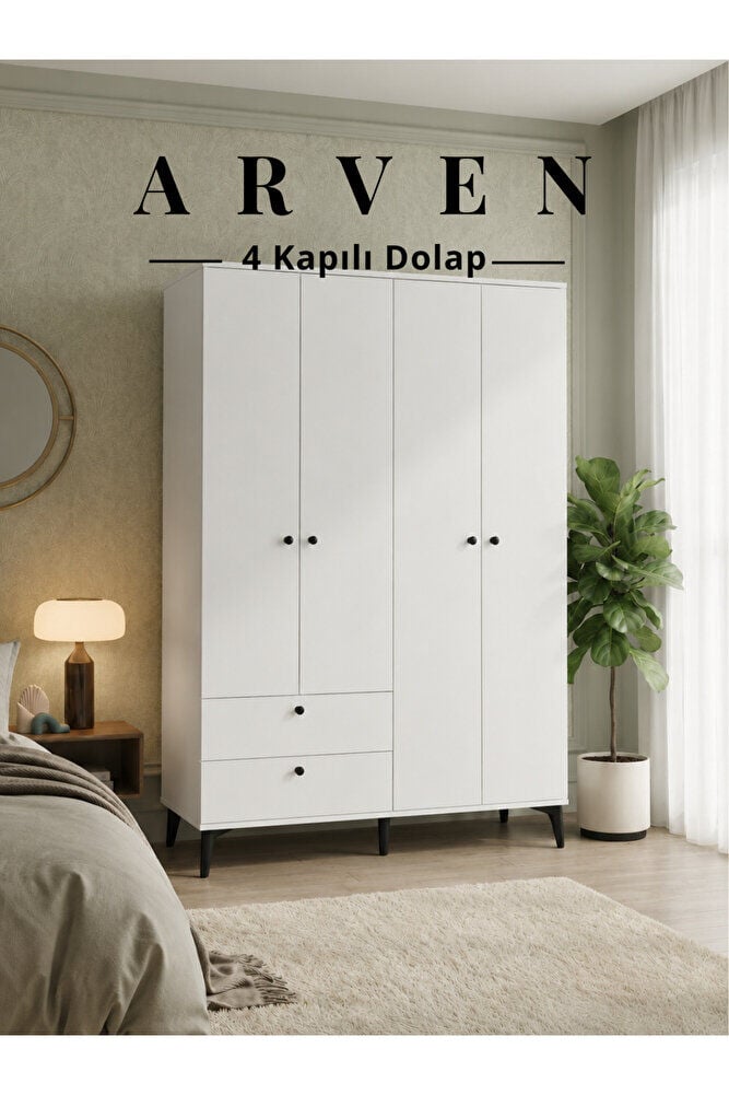 Arven 4 Kapılı 2 Çekmeceli Dolap, Gardrop Beyaz