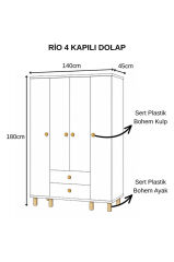 Rio 4 Kapılı 2 Çekmeceli Gardrop Sarı